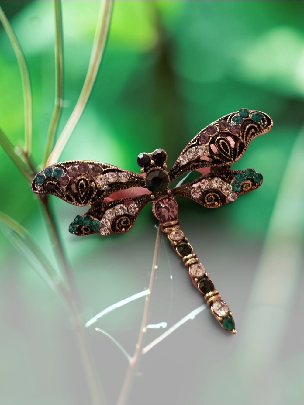 ✨ Vintage Antique Style Rhinestone Dragonfly Brooch with Articulated Tail✨